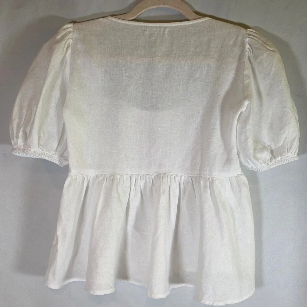 Reformation‎ Tille White Linen Puff Sleeve Babydoll Top Womens S Square Neck